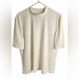 LEIGH MORGAN Minimalist Cream Ribbed Mock Neck Knit Top - Size L Stretch
